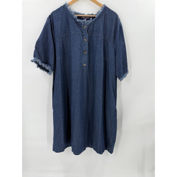 Roamans Denim Shirt Dress Plus Size 28W  Blue Jean Knee Length Raw Hem EUC - Picture 1 of 16